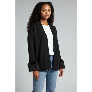 Thesis Black Open-Front Cardigan With Faux Fur Cuffs Lightweight Sweater